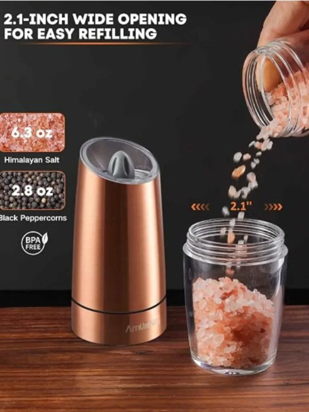 NIB AmuseWit Copper Finish Gravity Electric Salt & Pepper Grinder Set AW-PM03-2